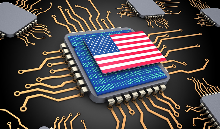 3d illustration of computer chips over black background with USA flag and binary code inside