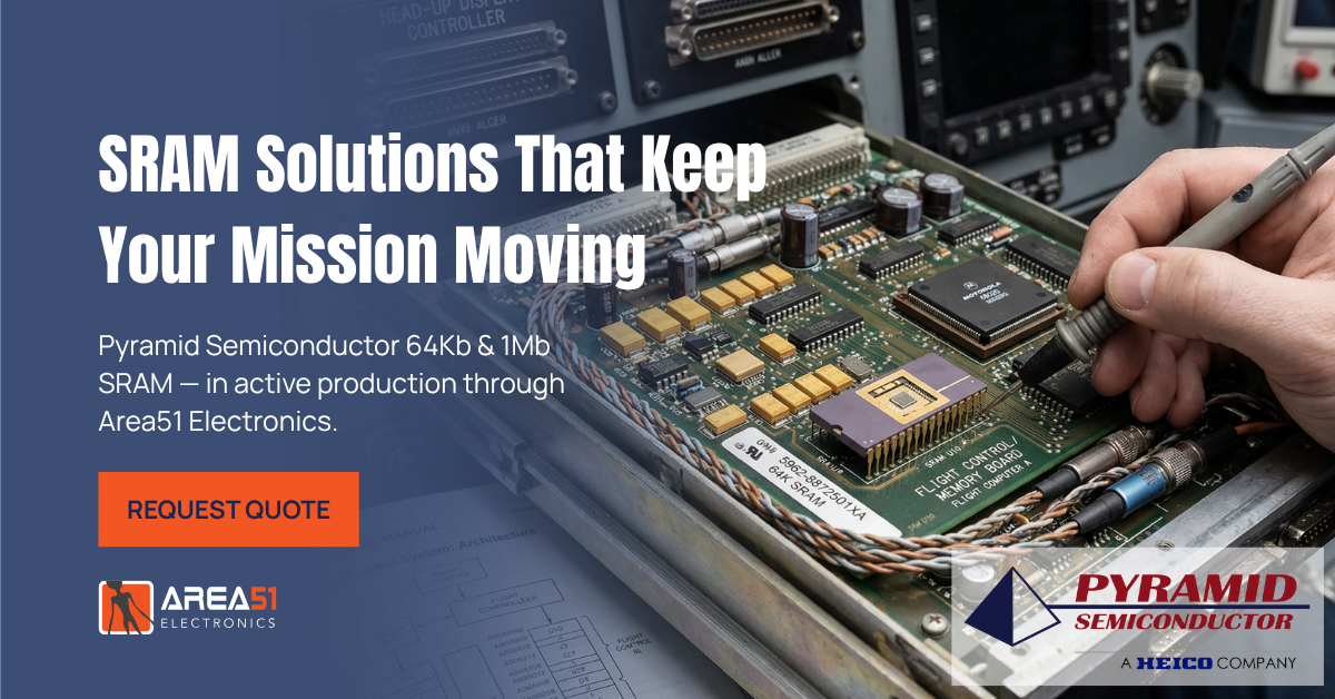 Technical professional testing a Pyramid Semiconductor SRAM chip on a flight control memory board, promoting 64Kb and 1Mb SRAM solutions available through Area51 Electronics.