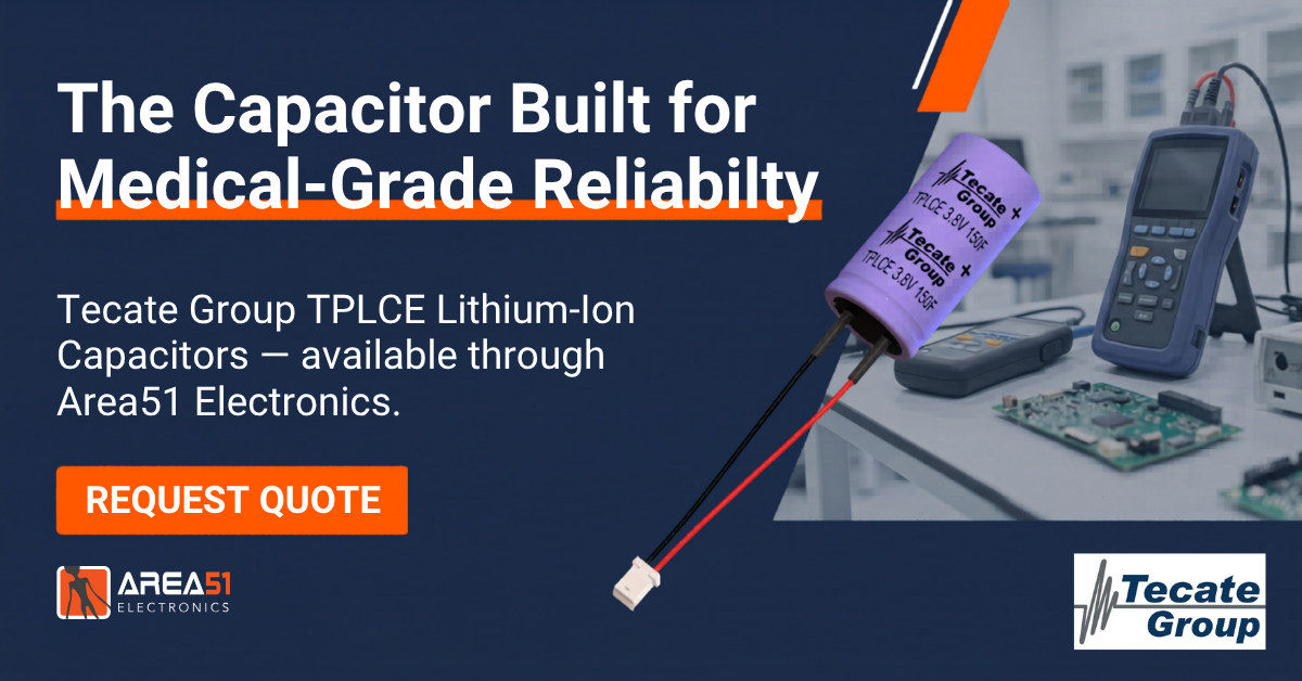 Area51 Electronics product spotlight banner featuring the Tecate Group TPLCE 3.8V 150F Lithium-Ion Capacitor. The purple radial capacitor with Molex connector is displayed in a professional electronics lab setting alongside test and measurement equipment and PCBs. Headline reads: "The Capacitor Built for Medical-Grade Reliability." Includes a Request Quote call-to-action button and both the Area51 Electronics and Tecate Group logos.