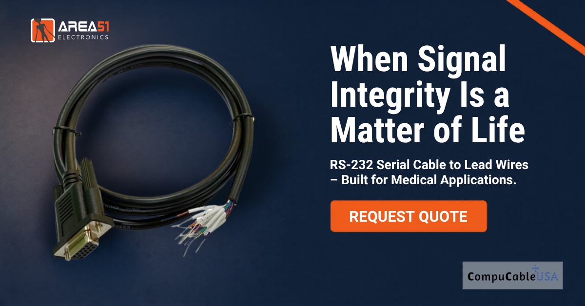A LinkedIn-format marketing banner for Area51 Electronics. The left side displays a product photograph of a coiled black RS-232 DB9 female serial cable with multicolored exposed lead wires fanned out at one end, set against a dark navy blue background with a subtle orange diagonal accent stripe in the upper right corner. The Area51 Electronics logo — an orange square icon with a figure and the text "Area51 Electronics" — appears in the upper left. On the right side, bold white text reads "When Signal Integrity Is a Matter of Life." Below it, a white subheading reads "RS-232 Serial Cable to Lead Wires – Built for Medical Applications." An orange rounded-rectangle button with white bold text reads "Request Quote." The CompuCablePlusUSA logo appears in the lower right corner on a light gray background panel.