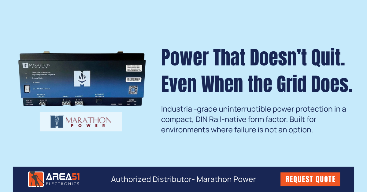 Marathon Power SDRS Sprint Series DIN Rail AC UPS unit displayed against a light blue background with the headline "Power That Doesn't Quit. Even When the Grid Does." — Available from Area51 Electronics, Authorized Marathon Power Distributor.