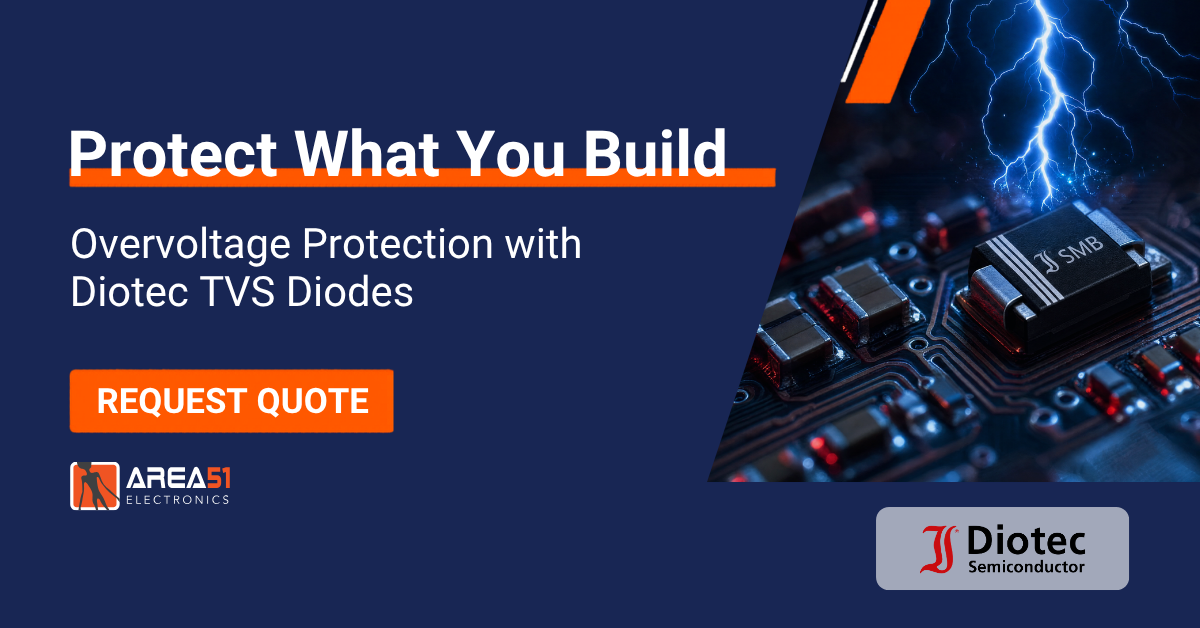 Area51 Electronics marketing graphic for Diotec TVS diodes. Bold headline reads 'Protect What You Build' with subtext 'Overvoltage Protection with Diotec TVS Diodes' and an orange 'Request Quote' button. The right side shows a close-up of an SMB-package TVS diode on a circuit board with a lightning bolt striking behind it. Area51 Electronics and Diotec Semiconductor logos appear at the bottom.