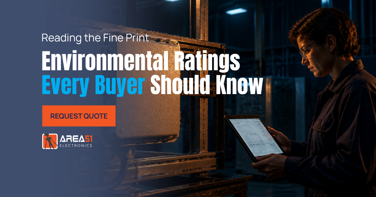 A worker in safety glasses reviews inspection data on a tablet beside a weatherproof electrical enclosure in an industrial facility, alongside text reading 'Reading the Fine Print: Environmental Ratings Every Buyer Should Know' and an Area51 Electronics 'Request Quote' button